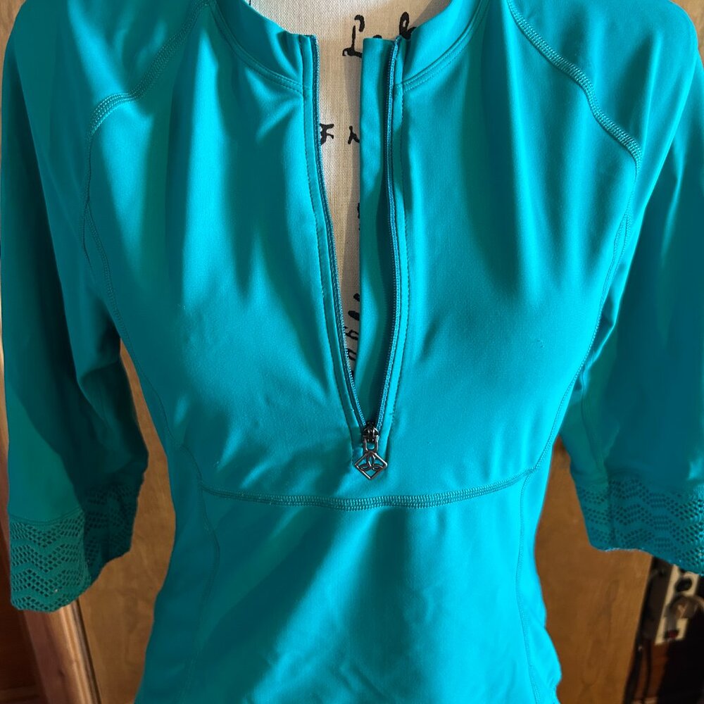 prAna Brigitte Sun Athletic Sun Top w/ Quarter Zip, Stretchy, Sz M, Turquoise